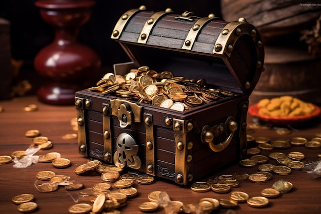 Small Pirate Treasure Chest on Wooden Table Created with Generative AI Tools