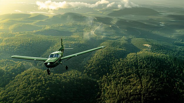 小さな飛行機が背後にある木々で山の上を飛ぶ