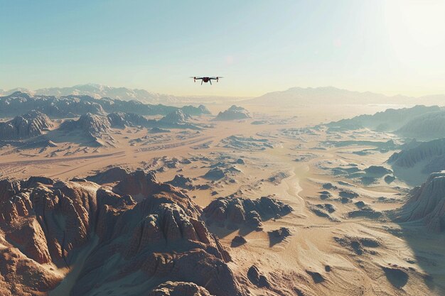 Photo a small plane flying over a desert landscape