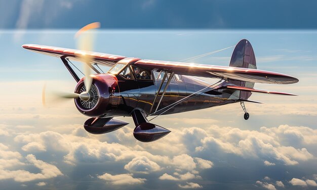 a small plane flying in the sky with the sun shining on the side