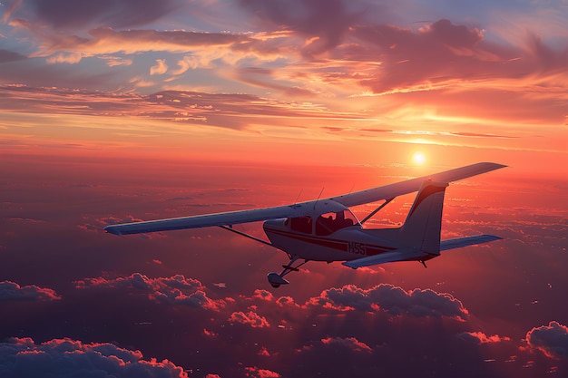 A small plane flying through a cloudy sky at sunset with the sun setting behind it and the clouds