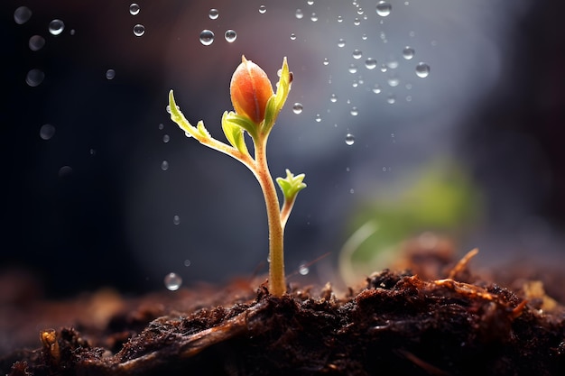 Small plant being born in the rain in spring