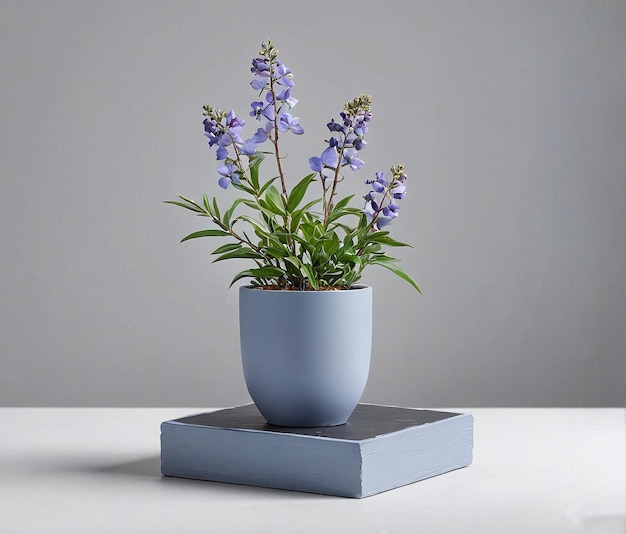 白いテーブル上の青い鍋の小さな植物