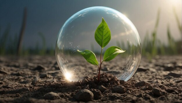 a small plant in a bubble with a green leaf