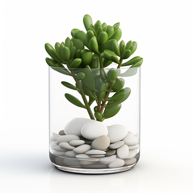 a small plant in a clear vase with rocks in it