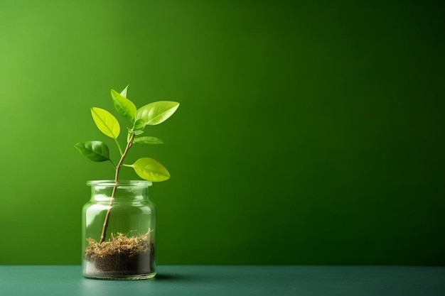 Photo a small plant in a glass jar with a green background.