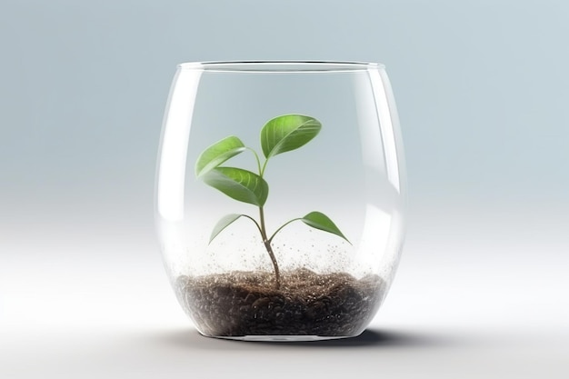 A small plant in a glass with sand in it