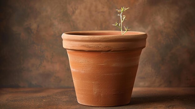 Photo a small plant growing in a clay pot the plant has just started to sprout and is reaching towards the light the pot is sitting on a wooden table