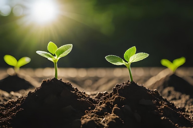 A small plant growing in a field with the sun behind it.