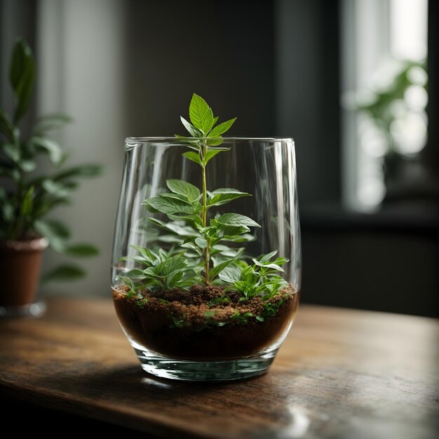 ガラスの中で育つ小さな植物 自然の植物の美しさ