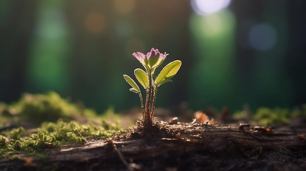 Small plant growing on the ground in the forest Nature conceptgenerative ai