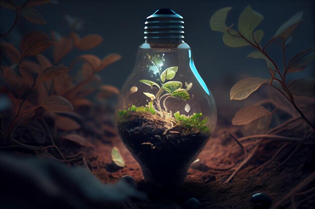 Small plant growing inside a lightbulb Light Bulb with sprout insidegemerative ai