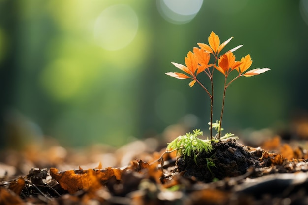 a small plant growing out of the ground in the middle of a forest