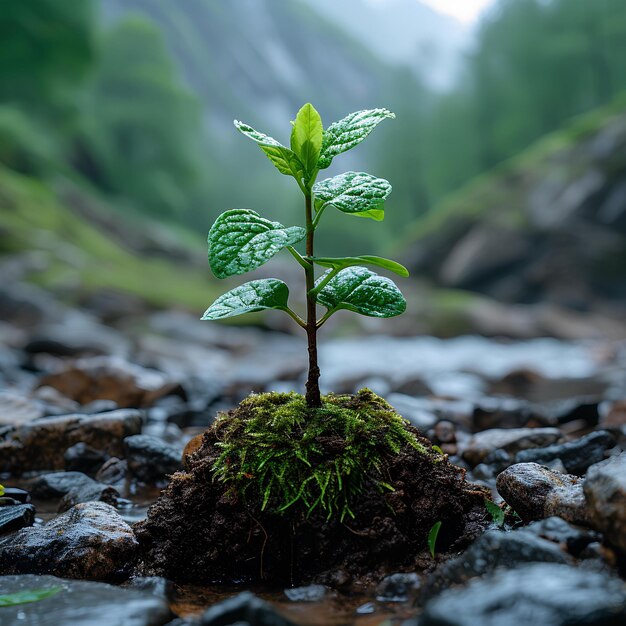 A small plant growing out of a rocky area