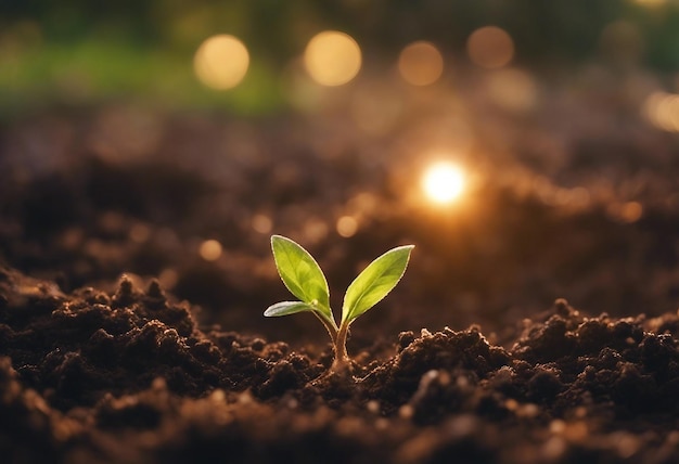 A small plant growing in the soil in the sun