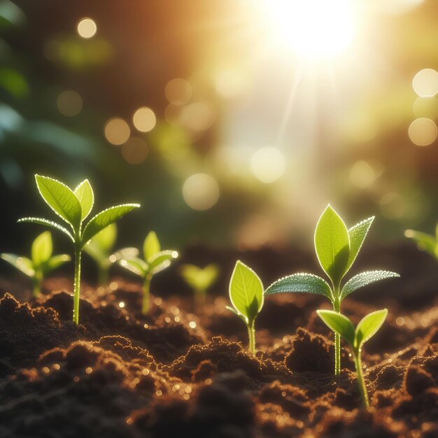 a small plant growing in the soil with the sun behind it