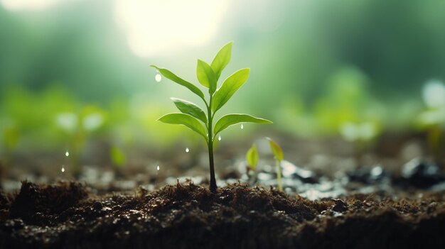 Photo a small plant growing in a soil with water drops