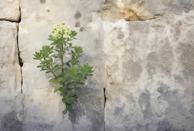 small plant growing over a stone wall