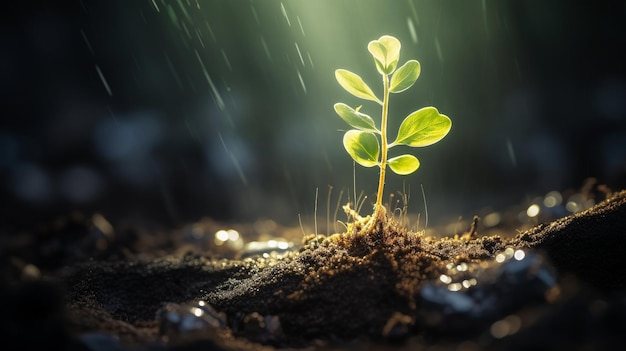 Foto piccola pianta che cresce al sole dietro un albero seme germinazione nello stile di paesaggi luminosi