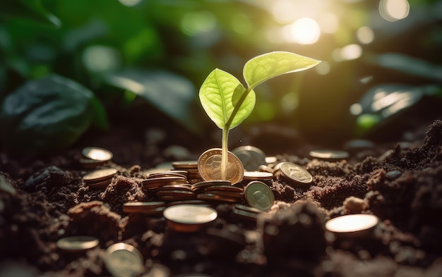 A small plant grows out of a pile of coins.