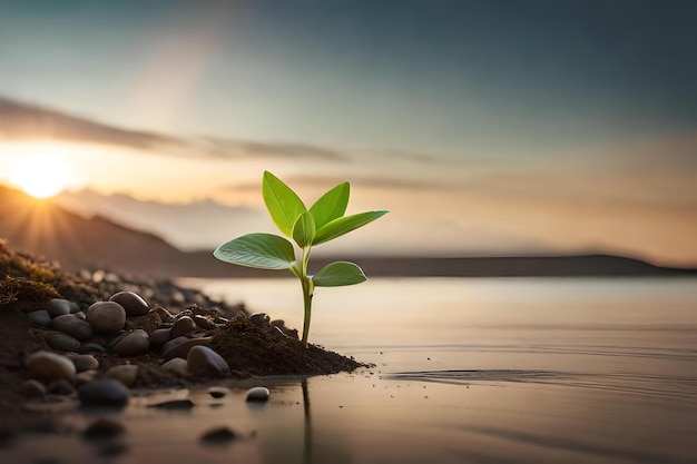 a small plant grows in the water at sunset.