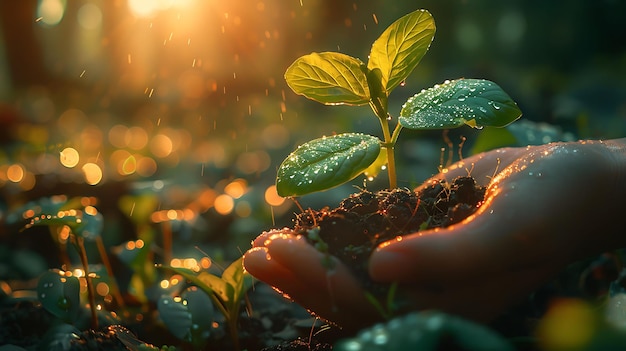 地球を救うために手を握る小さな植物