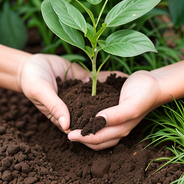 地面に小さな植物を手で若い木を植える