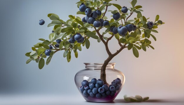 Photo a small plant is in a glass vase with blueberries