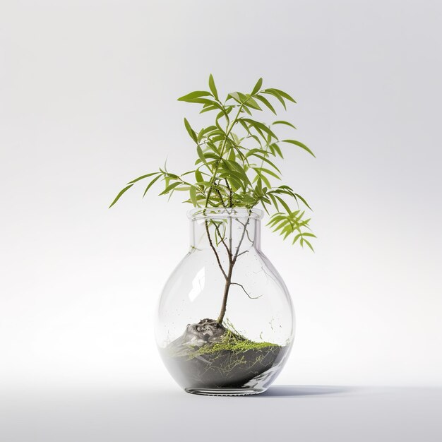 a small plant is in a glass vase with water and the word " tree " on it.