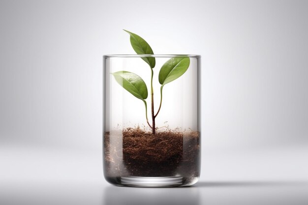 A small plant is in a glass with the word seed