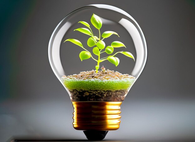 A small plant is in a glass and the word tree on it