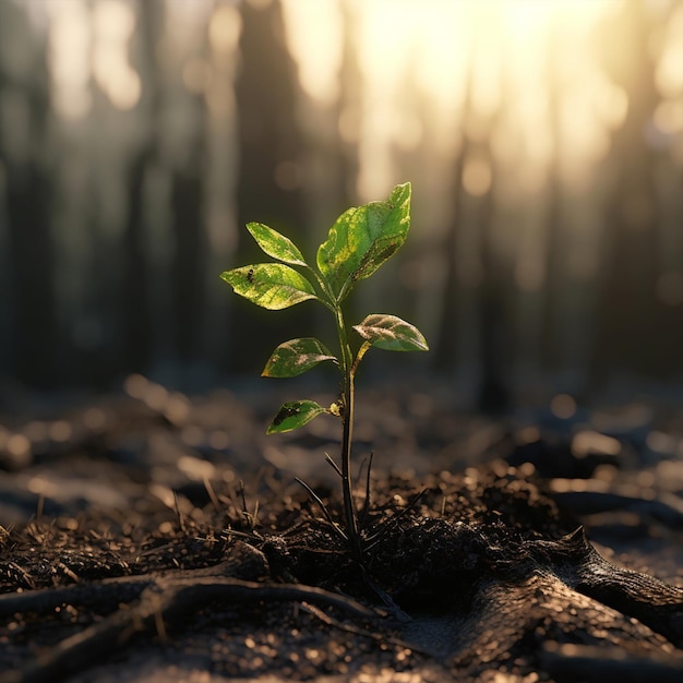 A small plant is growing in a burned forest.