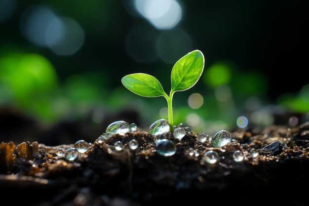 a small plant is growing in the dirt with water droplets on it