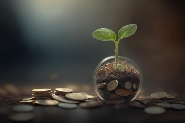 A small plant is growing out of a glass jar with coins on top of it.