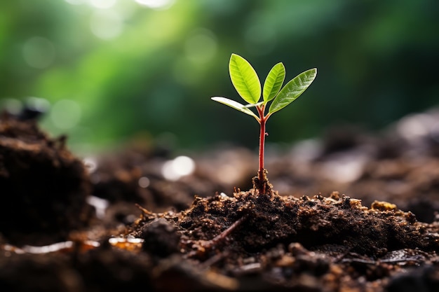 a small plant is growing out of the soil