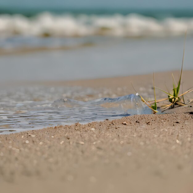 a small plant is growing in the sand on a beach