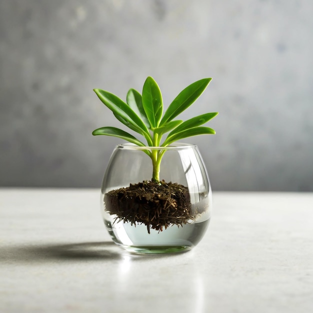 a small plant is growing in a small glass vase