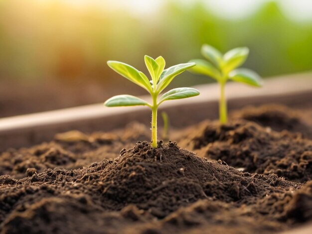 a small plant is growing in the soil with the sun behind it