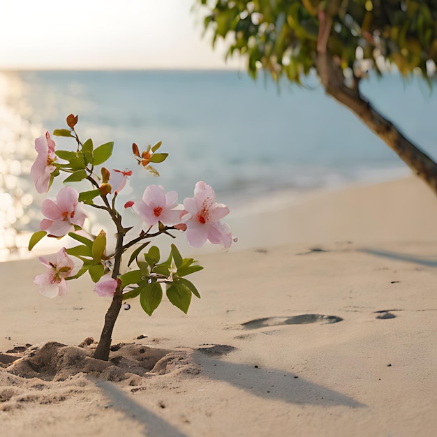 a small plant is in the sand near the ocean