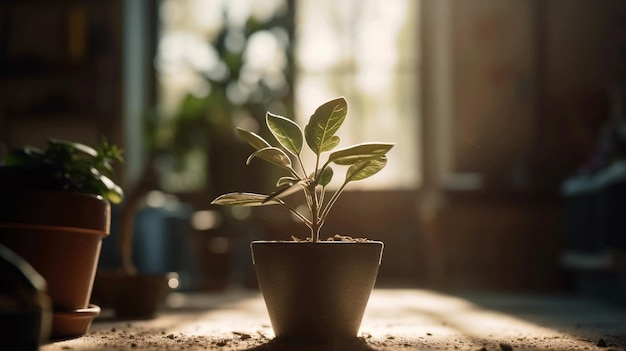 窓際のテーブルに置かれた鉢植えの小さな植物。