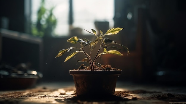 A small plant in a pot with the word plant on it