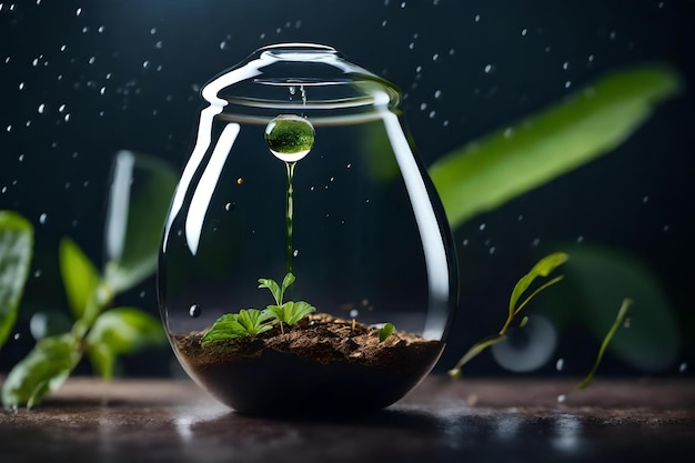 水滴が入った小さなガラスの鉢に入った小さな植物。