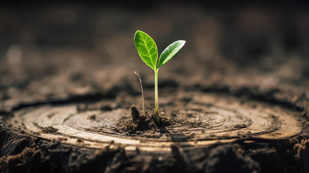 A small plant sprouting from a tree stump