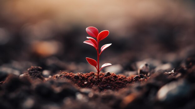 A small plant sprouts from the ground in a dirt field ai