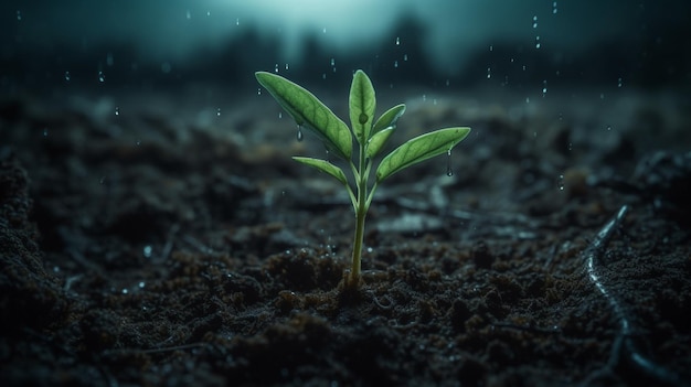 A small plant sprouts from the ground in the rain