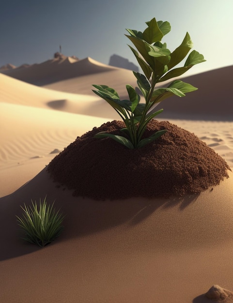 A small plant sprouts from a mound of sand