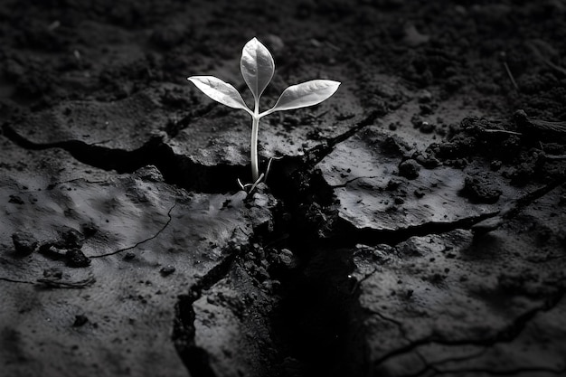 Photo a small plant sprouts out of a crack in a dark ground.