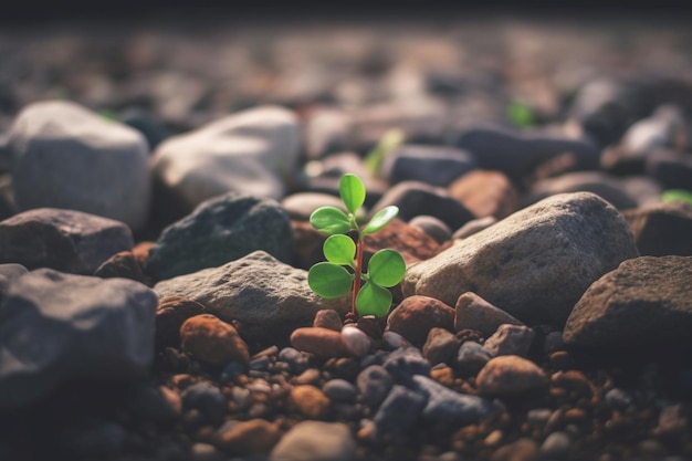 A small plant sprouts through the rocks.