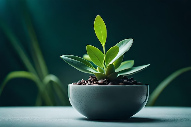 A small plant in a white bowl with green leaves sprouting from the top.