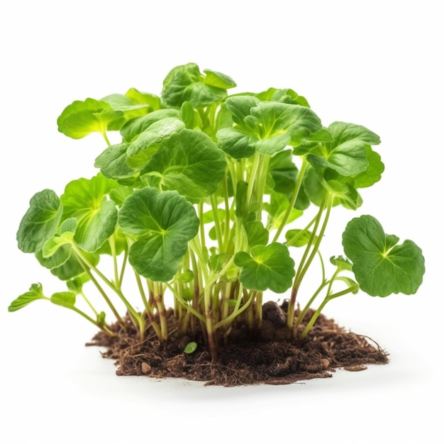 A small plant with green leaves is in a pile of dirt.